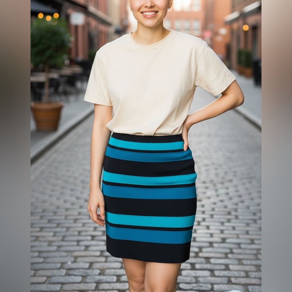 Guess by Marciano Blue and Black Striped Pencil Skirt